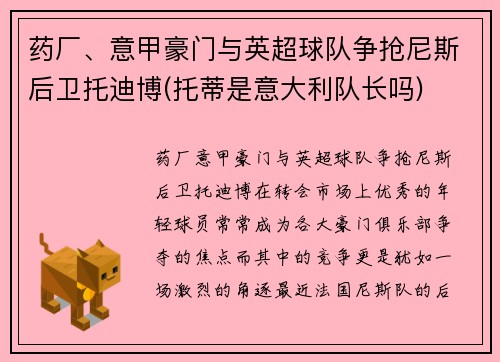 药厂、意甲豪门与英超球队争抢尼斯后卫托迪博(托蒂是意大利队长吗)