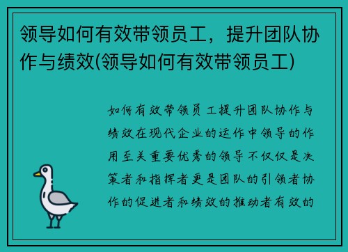 领导如何有效带领员工，提升团队协作与绩效(领导如何有效带领员工)