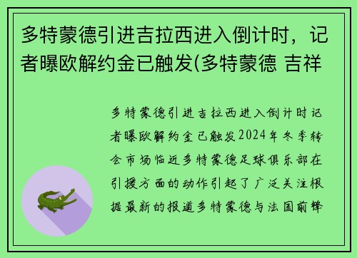 多特蒙德引进吉拉西进入倒计时，记者曝欧解约金已触发(多特蒙德 吉祥物)