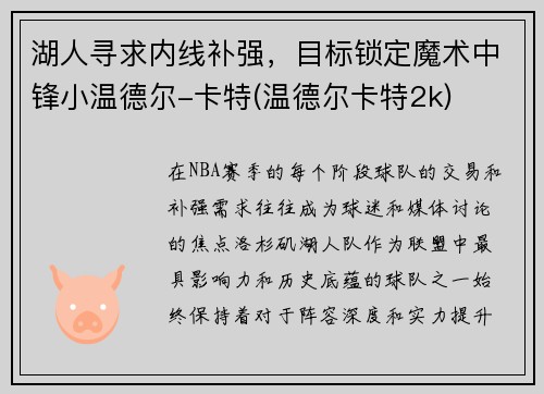 湖人寻求内线补强，目标锁定魔术中锋小温德尔-卡特(温德尔卡特2k)