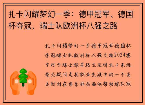 扎卡闪耀梦幻一季：德甲冠军、德国杯夺冠，瑞士队欧洲杯八强之路