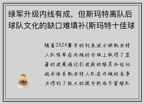 绿军升级内线有成，但斯玛特离队后球队文化的缺口难填补(斯玛特十佳球)